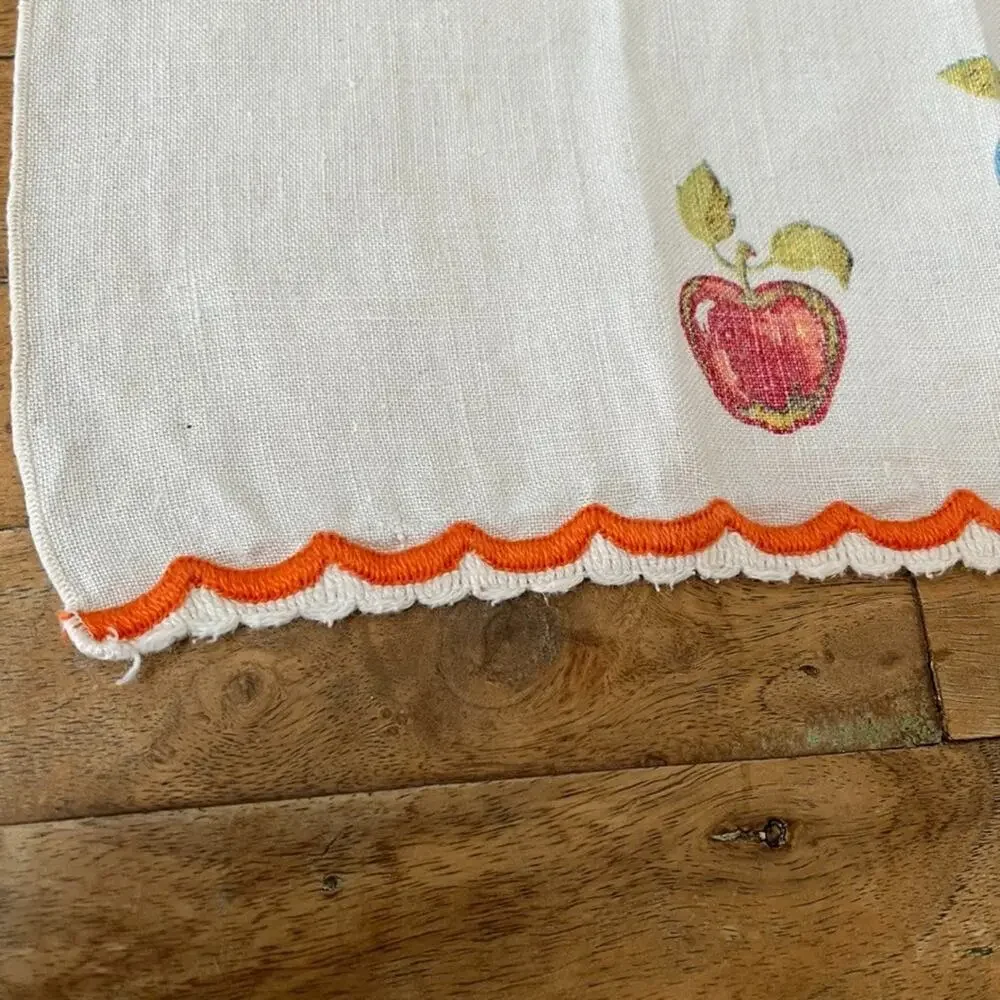 Vintage Linen Kitchen Tea Towel Printed Fruit Motif Scallop Decorative Trim